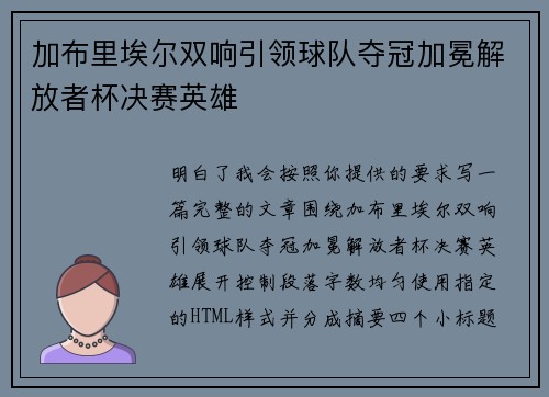 加布里埃尔双响引领球队夺冠加冕解放者杯决赛英雄