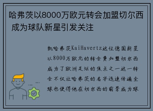 哈弗茨以8000万欧元转会加盟切尔西 成为球队新星引发关注